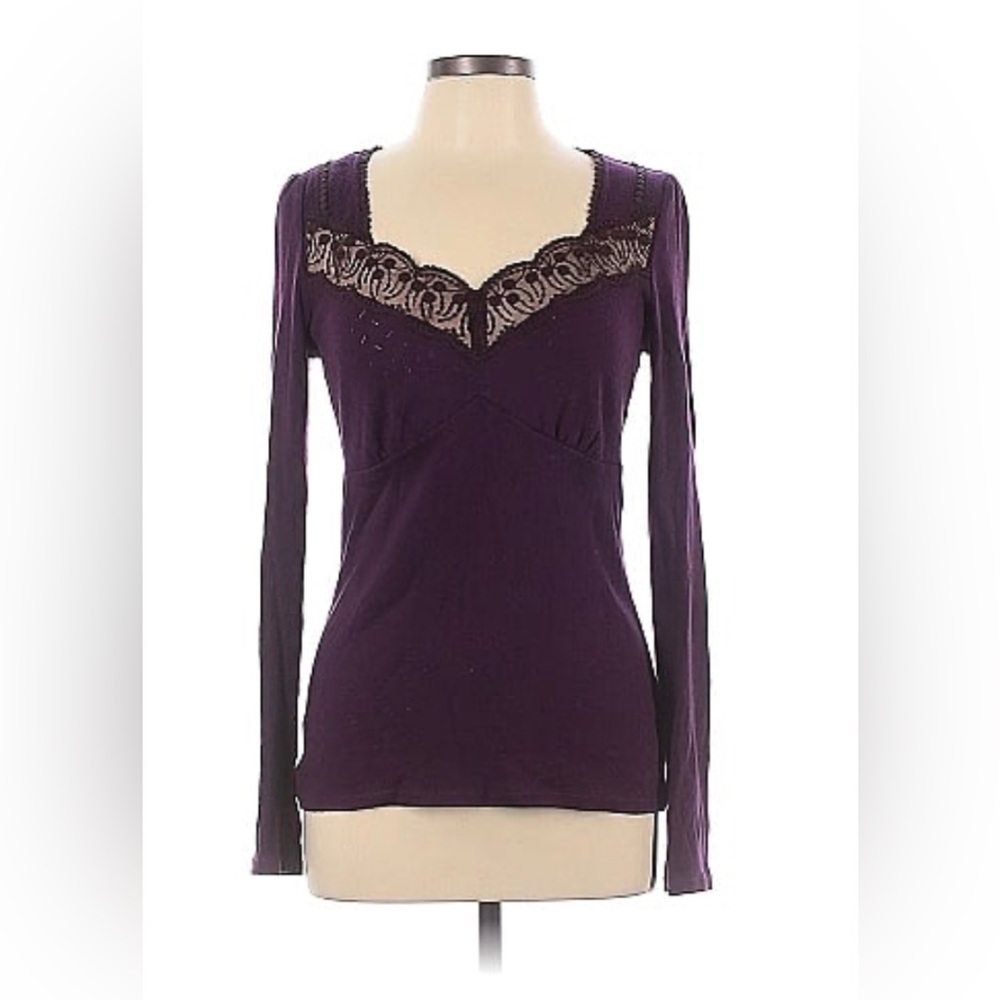 Deep Purple Pointelle Cotton Lace Long Sleeve V-Neck Top